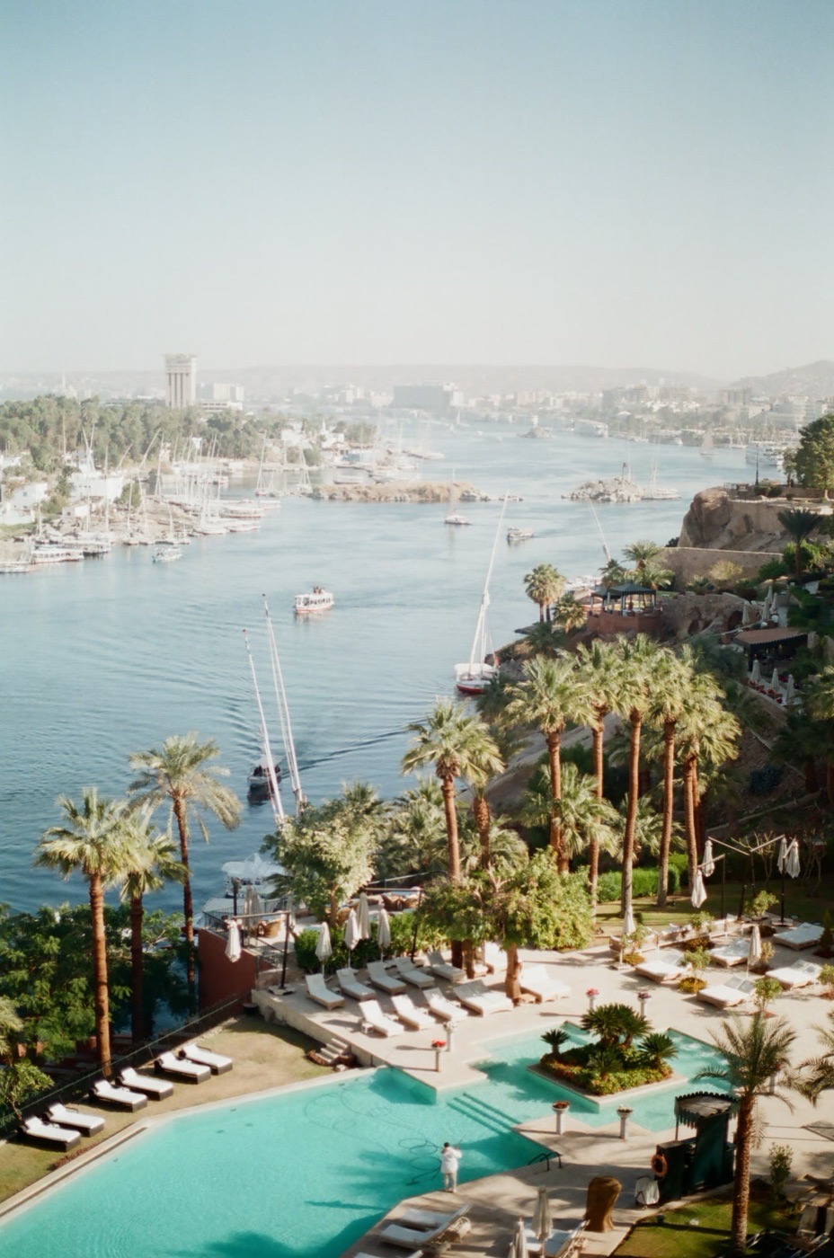 Aswan and the Nile seen from above, feluccas on the water