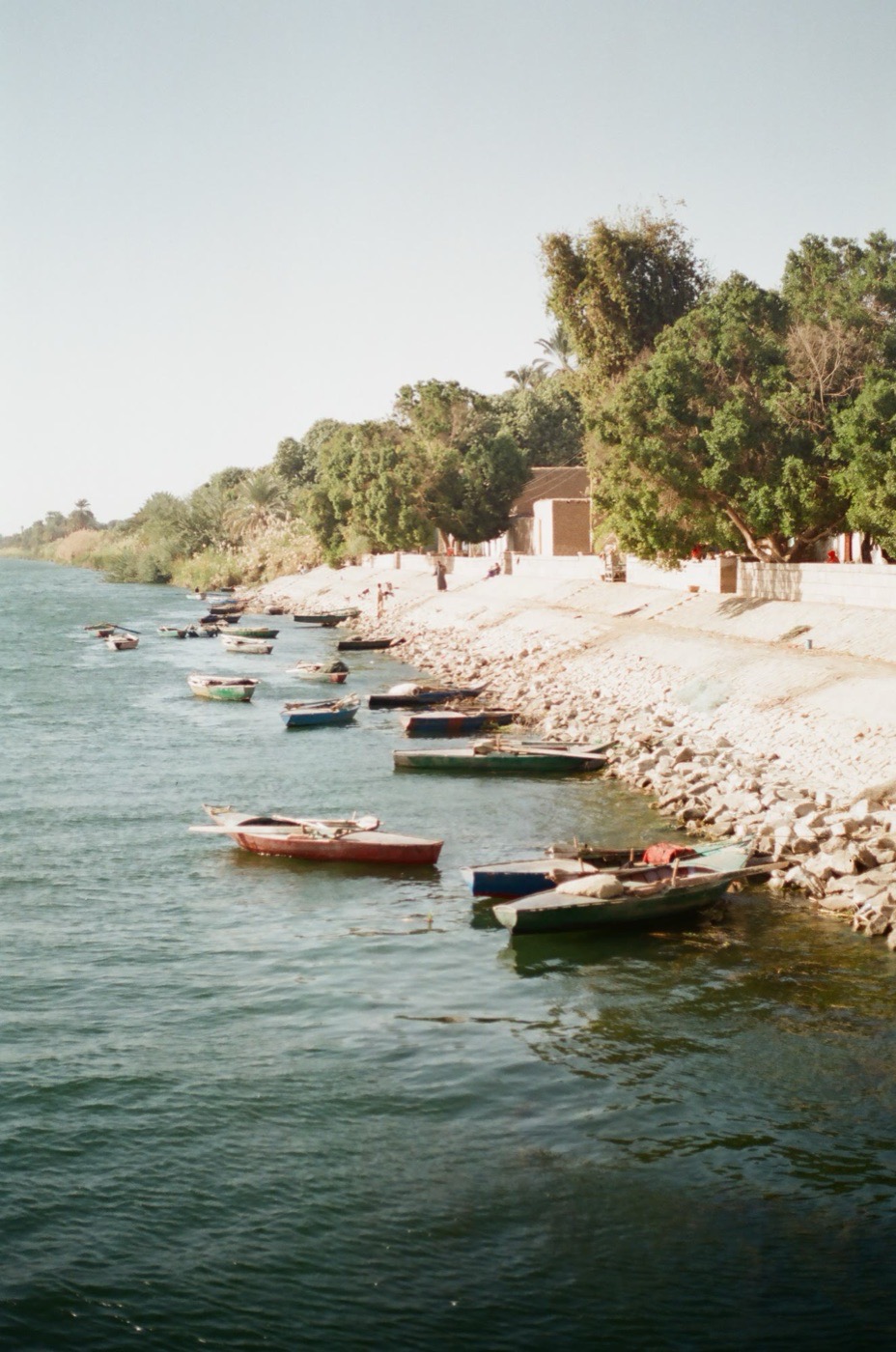 Wooden fishing boats moored along the Nile