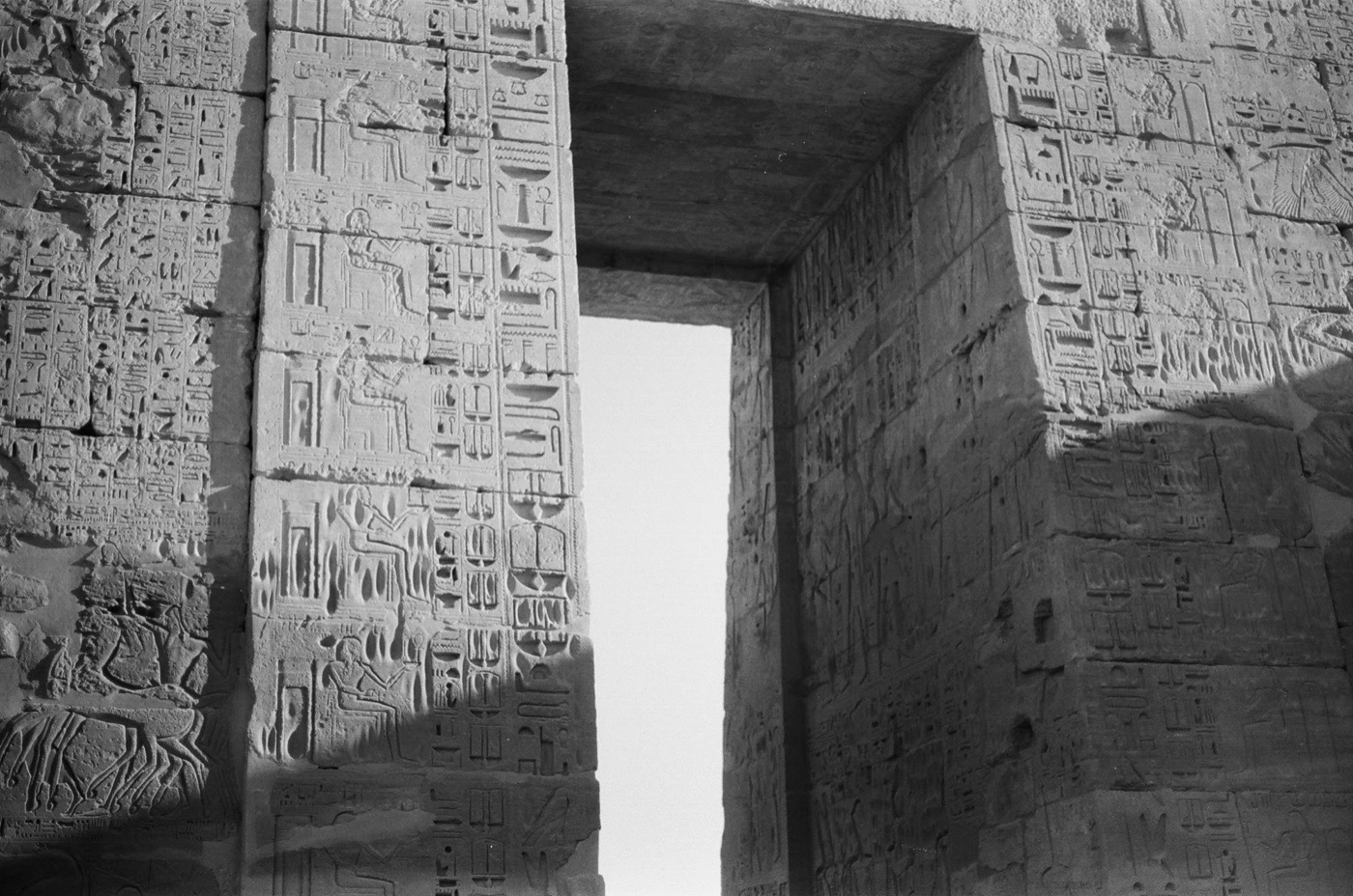 A hieroglyph-covered doorway at Medinet Habu