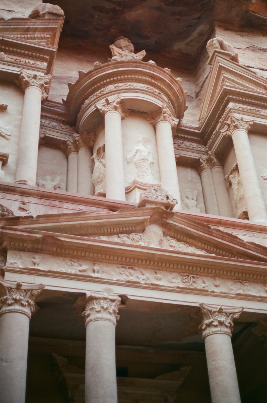 Carved columns and pediment of the Treasury facade at Petra