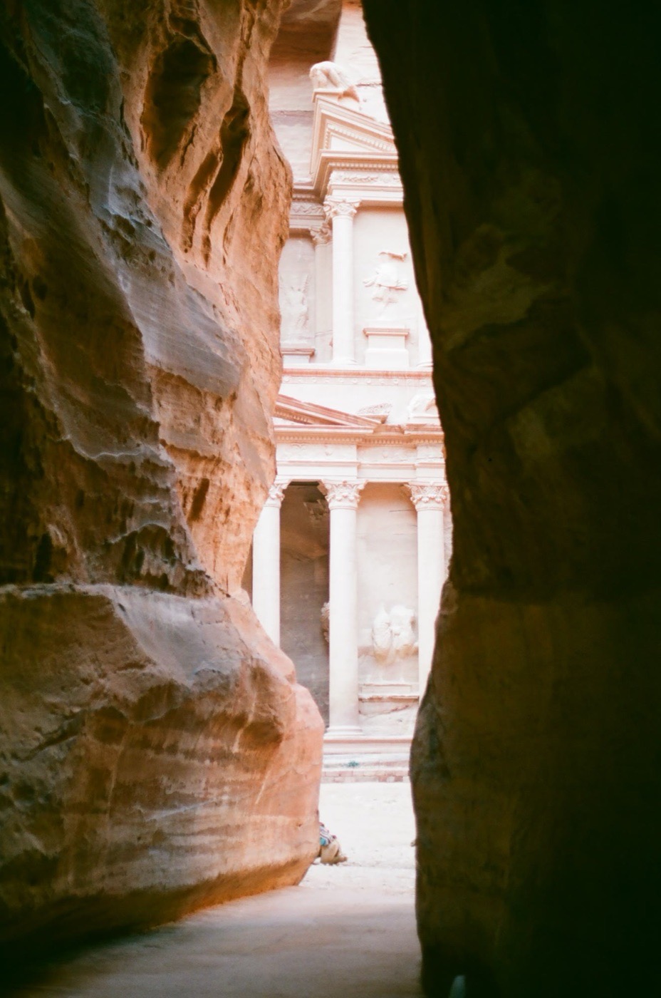 The Treasury at Petra framed by the sandstone of the Siq