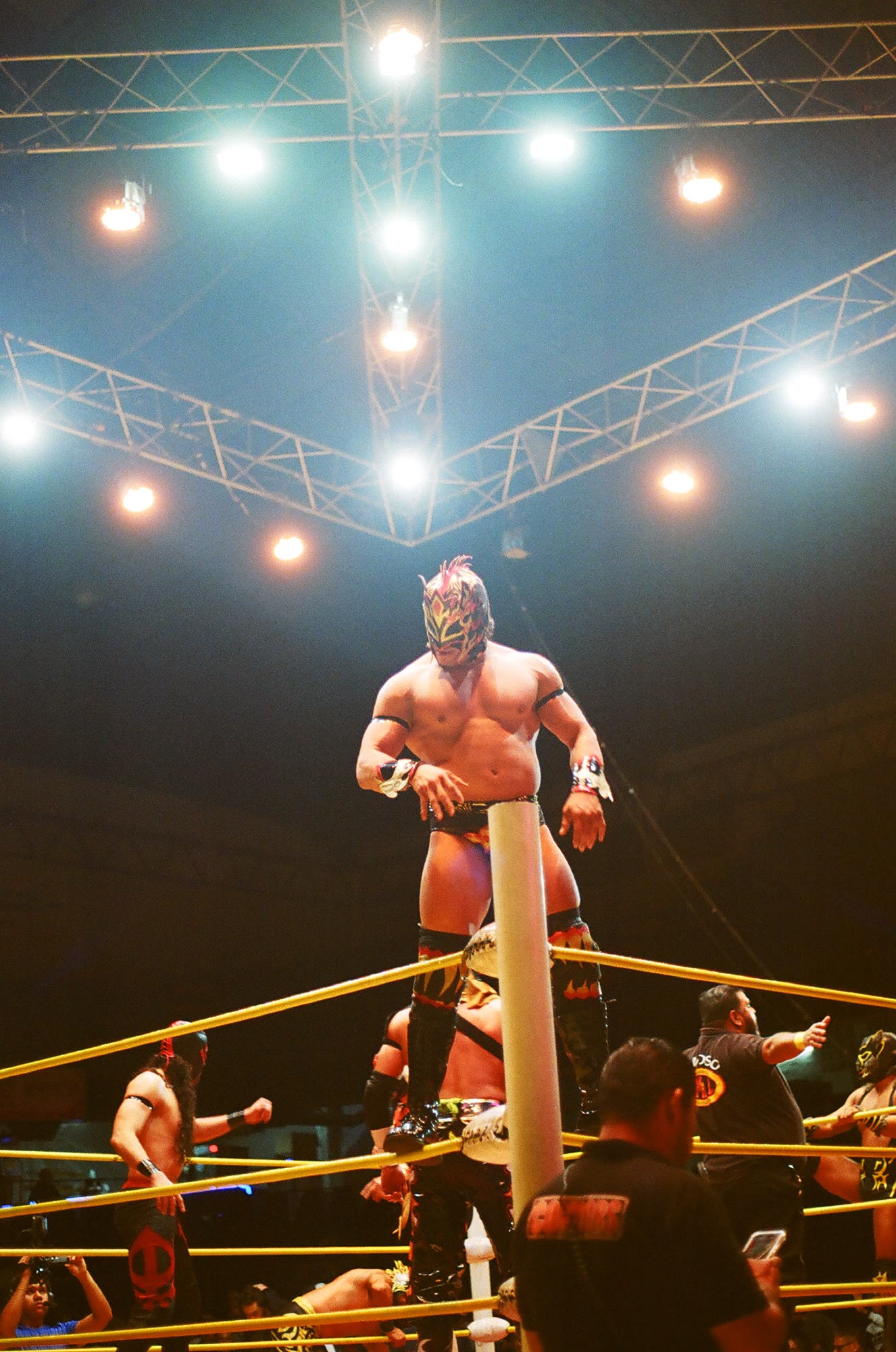 A luchador on the turnbuckle under the lights at Arena Coliseo