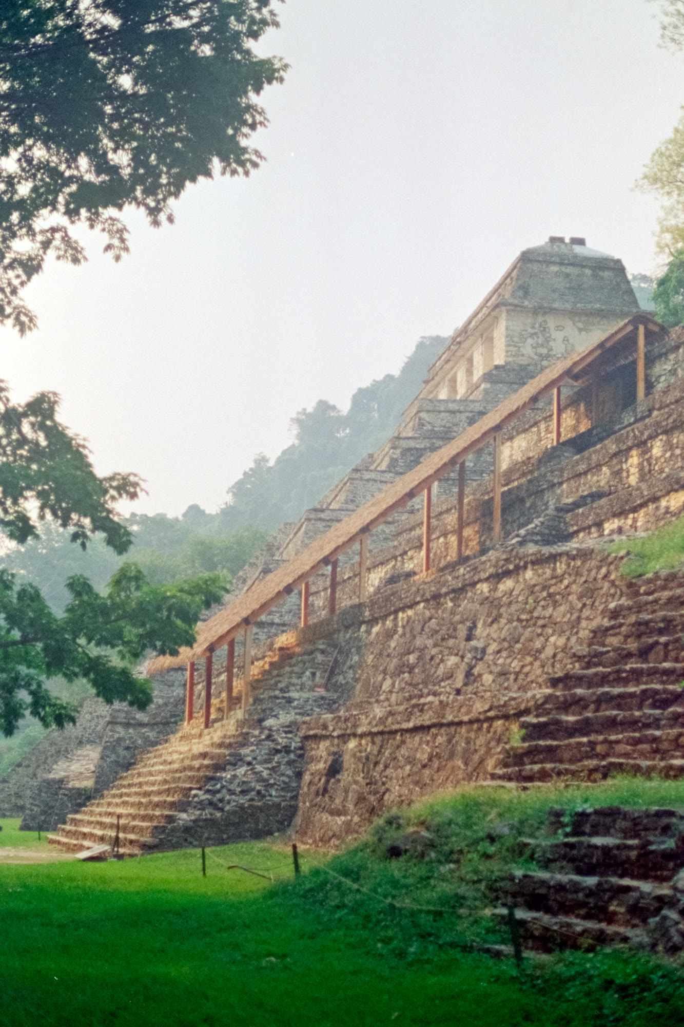 The temple steps at Palenque rising out of the morning haze