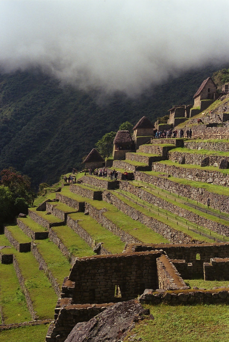 Visitors small against the terraces of Machu Picchu