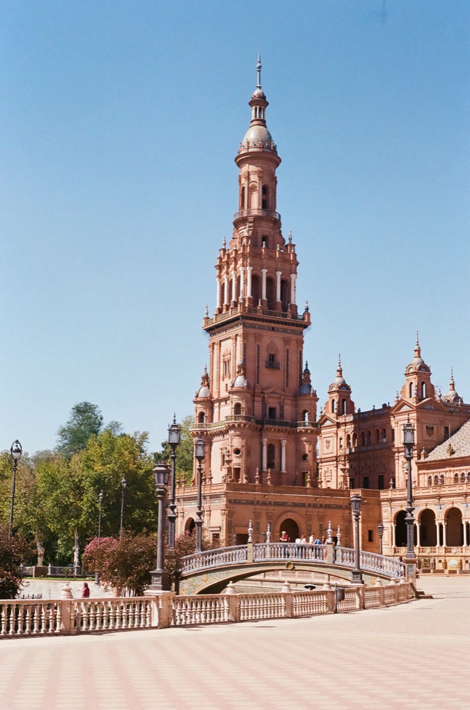The tower and tiled arcade of the Plaza de Espa&ntilde;a in Sevilla