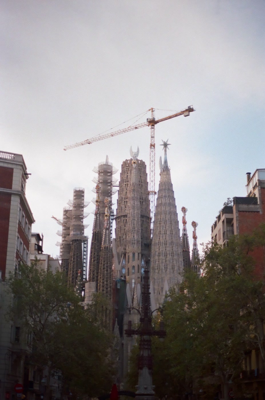 The spires of the Sagrada Fam&iacute;lia rising over the trees in Barcelona